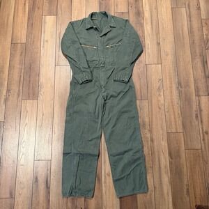 Vtg 50s 60s Key Imperial HBT Cotton Coveralls Green Workwear Prentice‎ Zip Small